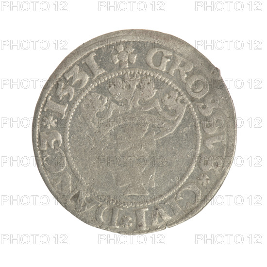Gdansk grosz, Sigismund I the Old (King of Poland; 1506–1548). Polish coin (1531) of the Jagiellon dynasty. Obverse: Crowned male bust in profile turned to the right; in the rim between pearl-shaped borders an inscription: .SIGIS.I.REX.PO.DO.TOCI.PR. Reverse: Coat of arms of Gdansk; in the rim between pearl-shaped borders an inscription: .GROSSVS.CIVI.DANCZ.1531.