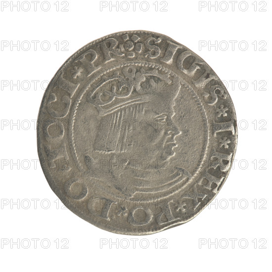Gdansk grosz, Sigismund I the Old (King of Poland; 1506–1548). Polish coin, Jagiellon dynasty. Obverse: Crowned male bust of the king in profile facing right; rim between pearl-shaped borders with inscription .SIGIS.I.REX.PO.DO.TOCI.PR. Reverse: Coat of arms of Gdansk; rim between pearl-shaped borders with inscription .GROSSVS.CIVI.DANCZ.1531. Dated 1531. Poland, Gdansk.
