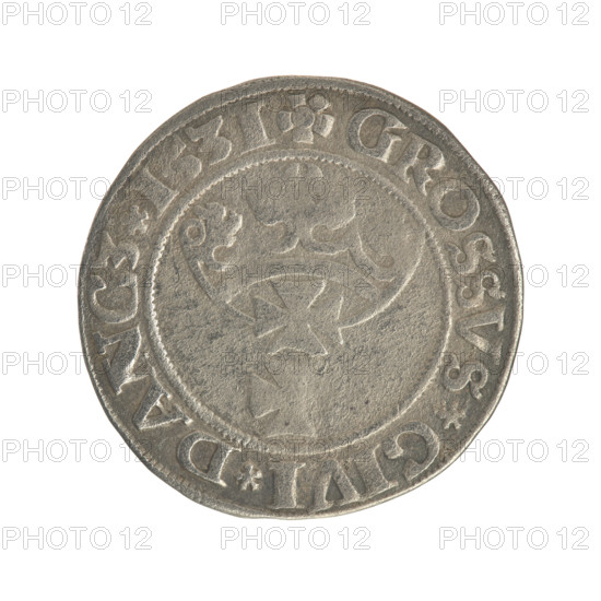 Gdansk grosz, Sigismund I the Old (King of Poland; 1506–1548). Polish coin, Jagiellon dynasty. Obverse: Crowned male bust of Sigismund I in profile facing right; rim between pearl-shaped borders with inscription '.SIGIS.I.REX.PO.DO.TOCI.PR'. Reverse: Coat of arms of Gdansk; rim between pearl-shaped borders with inscription '.GROSSVS.CIVI.DANCZ.1531'. Dated 1531. Poland, Gdansk.