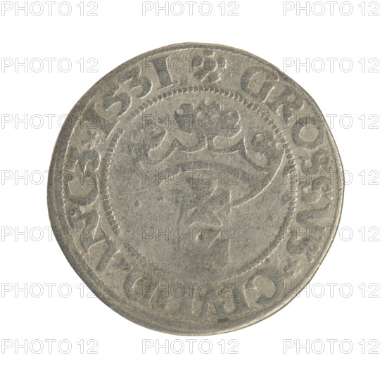 Gdansk grosz, Sigismund I the Old (King of Poland; 1506–1548). Polish coin (1531). Obverse: Crowned male bust of the king in profile turned to the right; in the rim between pearl-shaped borders an inscription: .SIGIS.I.REX.PO.DO.TOCI.PR. Reverse: Coat of arms of Gdansk; in the rim between pearl-shaped borders an inscription: .GROSSVS.CIVI.DANCZ.1531.