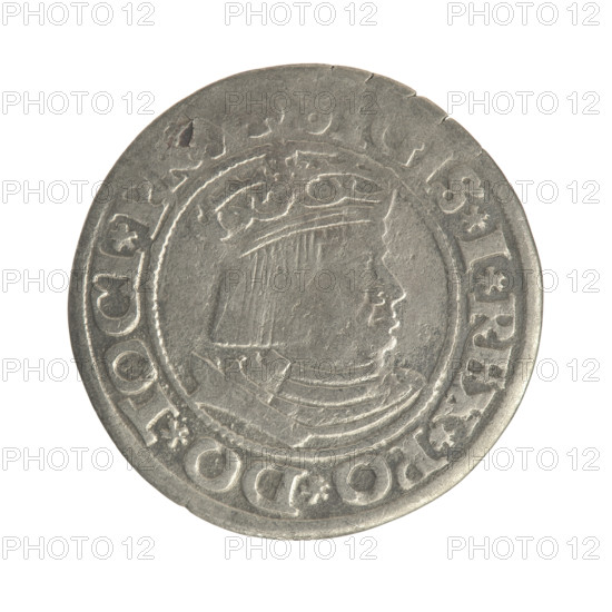 Gdansk grosz, Sigismund I the Old (King of Poland; 1506–1548). Polish coin, Jagiellon dynasty. Obverse: Crowned royal bust of Sigismund I in profile facing right; rim between pearl-shaped borders with inscription IS.I.REX.PO.DO.TOCI.P. Reverse: Coat of arms of Gdansk; rim between pearl-shaped borders with inscription .GROSS, IVI.DANCZ.1531. Dated 1531. Poland, Gdansk.