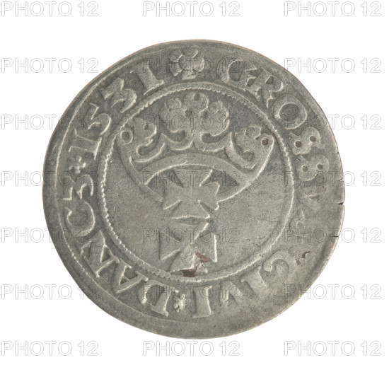 Gdansk grosz, Sigismund I the Old (King of Poland; 1506–1548). Polish coin (1531). Obverse: Crowned male bust in profile turned to the right; in the rim between pearl-shaped borders an inscription: IS.I.REX.PO.DO.TOCI.P. Reverse: Coat of arms of Gdansk; in the rim between pearl-shaped borders an inscription: .GROSS, IVI.DANCZ.1531. Materials: coinage metal. Subject: royal bust, city coat of arms; style and iconography consistent with Jagiellon-era Polish coinage. Location: Gdansk, Poland.