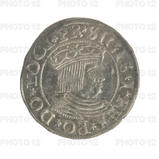 Gdansk grosz, Sigismund I the Old (King of Poland, 1506–1548). Silver coin (1531). Obverse: Crowned male bust in profile turned to the right; in the rim between pearl-shaped borders an inscription: .SIGIS.I.REX.PO.DO.TOCI.PR. Reverse: Coat of arms of Gdansk; in the rim between pearl-shaped borders an inscription: .GROSS, S.CIVI.DANCZ.1531. Polish, Gdansk.