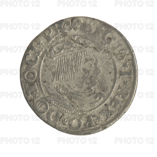 Gdansk grosz, Sigismund I the Old (King of Poland; 1506–1548). Silver coin, 1531. Obverse: Crowned male royal bust in profile facing right; rim with pearl-shaped borders and inscription. Reverse: Coat of arms of Gdansk; rim with pearl-shaped borders and inscription 'GROSSVS.CIVI.DAN'. Subject/iconography: royal busts, male busts; Jagiellon dynasty. Location: Poland, Gdansk.