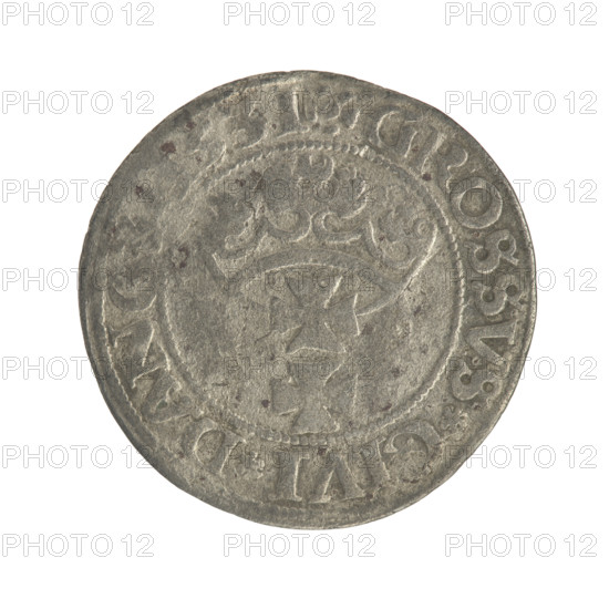 Gdansk grosz, Sigismund I the Old (King of Poland; 1506–1548). Polish coin (1531). Obverse: Crowned male bust in profile facing right; rim between pearl-shaped borders with inscription .I.REX.PO.DO.TOCI.PR. Reverse: Coat of arms of Gdansk; rim between pearl-shaped borders with inscription .GROSSVS.CIVI.DAN. Features: Jagiellon dynasty, royal bust iconography. Santiago?