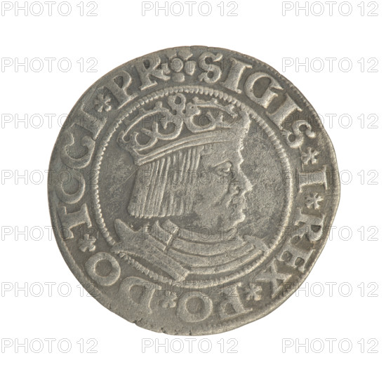 Gdansk grosz, Sigismund I the Old (King of Poland; 1506–1548). Polish coin (1531). Obverse: Crowned male royal bust in profile turned to the right; in the rim between pearl-shaped borders an inscription: .SIGIS.I.REX.PO.DO.TOCI.PR. Reverse: Coat of arms of Gdansk; in the rim between pearl-shaped borders an inscription: .GROSSVS.CIVI.DANCZ.1531. Materials: coin; style: numismatic; subject: royal busts, city coat of arms.