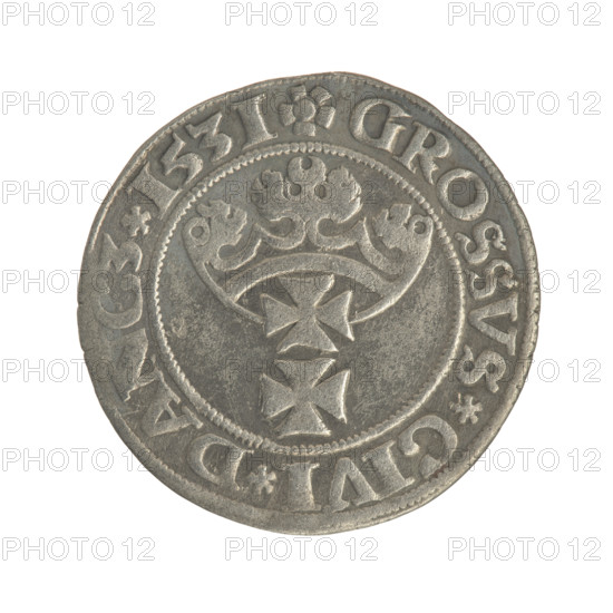 Gdansk grosz, Sigismund I the Old (King of Poland; 1506–1548). Polish coin, Jagiellon dynasty. Obverse: Crowned male royal bust in profile turned right; rim between pearl-shaped borders with inscription .SIGIS.I.REX.PO.DO.TOCI.PR. Reverse: Coat of arms of Gdansk; rim between pearl-shaped borders with inscription .GROSSVS.CIVI.DANCZ.1531. Date: 1531. Place: Gdansk, Poland.