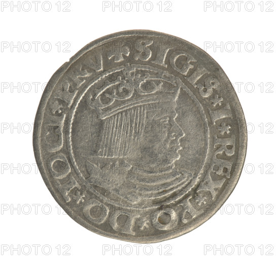 Gdansk grosz, Sigismund I the Old (King of Poland; 1506–1548). Polish coin, Jagiellon dynasty. Obverse: Crowned male bust in profile turned to the right; in the rim between pearl-shaped borders an inscription: .SIGIS.I.REX.PO.DO.TOCI.PRV. Reverse: Coat of arms of Gdansk; in the rim between pearl-shaped borders an inscription: .GROSSVS.CIVI.DANCZ.1531. Dated 1531. Poland, Gdansk.