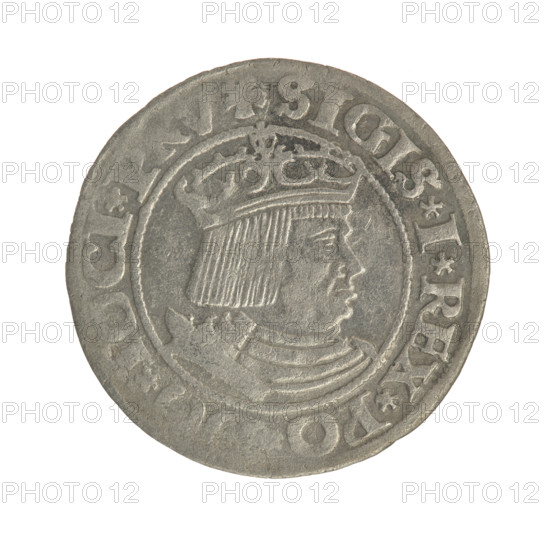 Gdansk grosz, Sigismund I the Old (King of Poland; 1506–1548). Silver coin (1531). Obverse: Crowned male bust in profile turned to the right; rim inscription between pearl-shaped borders: .SIGIS.I.REX.POOCI. Reverse: Coat of arms of Gdansk; rim inscription between pearl-shaped borders: .GROSSVS.DAN. Date: 1531. Poland, Gdansk. Style: Jagiellon period; iconography: royal/male busts, city coat of arms.
