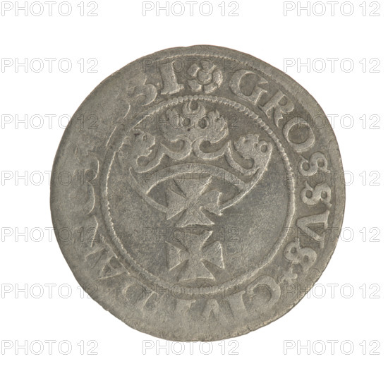 Gdansk grosz, Sigismund I the Old (King of Poland; 1506–1548). Polish coin, Jagiellon dynasty. Obverse: Crowned male bust in profile turned to the right; rim between pearl-shaped borders with inscription '.SIGIS.I.REX.PO OCI.' Reverse: Coat of arms of Gdansk; rim between pearl-shaped borders with inscription '.GROSSVS. .DAN'. Dated 31 1531. Poland, Gdansk.