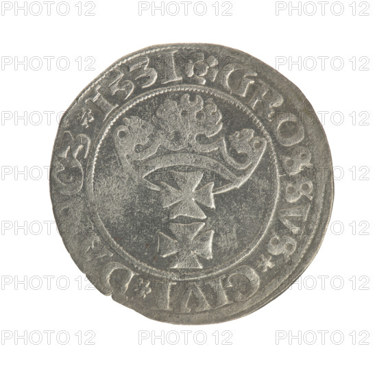 Gdansk grosz, Sigismund I the Old (King of Poland; reign 1506–1548). Silver coin (grosz), 1531. Obverse: Crowned royal bust of Sigismund I in profile facing right; rim inscription between pearl-shaped borders: .SIGIS.I.REX.PO.D. Reverse: Coat of arms of Gdansk; rim inscription between pearl-shaped borders: .GROSSVS.CIVI.D, CZ.1531. Poland, Gdansk.