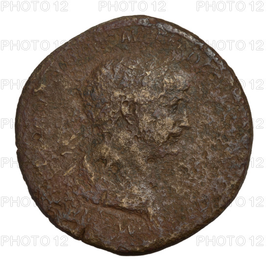 Sestertius of Emperor Trajan (53–117 CE; ruled 98–117), c. 114–115 CE. Obverse: laureate head of Trajan facing right; rim inscription illegible. Reverse: Felicitas (personification) standing left, wearing a long robe, holding a cornucopia in her left hand and a caduceus in her right; rim inscription illegible. Roman Empire (27 BC–476), Rome. Coin; weight 26.81 g.