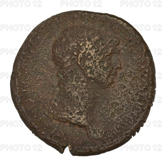 Sestertius of Trajan (53–117 CE; Roman emperor 98–117). Obverse: head of Trajan in laurel wreath facing right; rim inscription illegible. Reverse: Fortuna seated on a chair facing left, wearing a waist-length robe, holding a ship's rudder in her right hand and a cornucopia in her left; inscription in field: FORT RED; rim inscription illegible. Dated 115–116 CE. Roman Empire; Rome. Coin, weight 24.62 g.