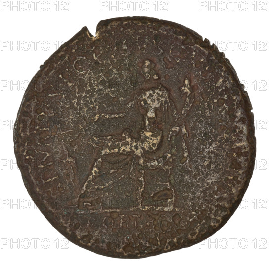 sestertius, Trajan (53–117; Roman emperor 98–117); obverse: head of Trajan in laurel wreath facing right; obverse rim inscription illegible; reverse: Fortuna seated on a chair facing left, wearing a waist-length robe, holding a ship's rudder in her right hand and a cornucopia in her left; inscription in field: FORT RED; reverse rim inscription illegible; horns of plenty; heads; 115–116 CE; Roman Empire; Rome; coin; weight 24.62 g