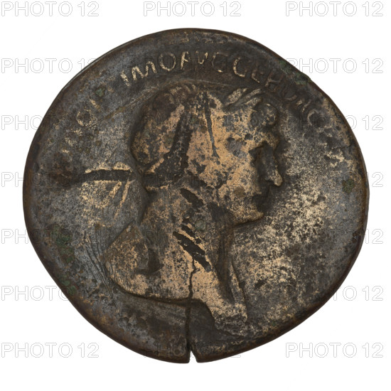 sestertius, Trajan (53–117; Roman emperor 98–117); Obv.: head of Trajan in laurel wreath facing right; rim inscription: IMP CAES NER TRAIAN OPTIMO AVG GER DAC; Rev.: Fortuna sitting on chair facing left, dressed in waist-length robe, holding the ship's rudder with her right hand and the cornucopia with her left; inscription in section: RED; rim inscription: ROMA; dated 115–116; Roman Empire (27 BC–476); Rome; coin; weight 23.85 g