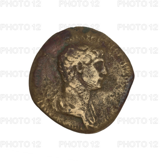 Dupondius, Trajan (53–117; Roman emperor 98–117). Obverse: bust of Trajan with laurel wreath and drapery to the right; beaded border; rim inscription illegible. Reverse: Providentia stands facing left, holding a baton above a globe in her right hand and a long scepter resting on a column in her left; rim inscription illegible; letters SC on both sides. Date: 116–117. Roman Empire (27 BC–476), Rome. Coin, weight 8.42 g.