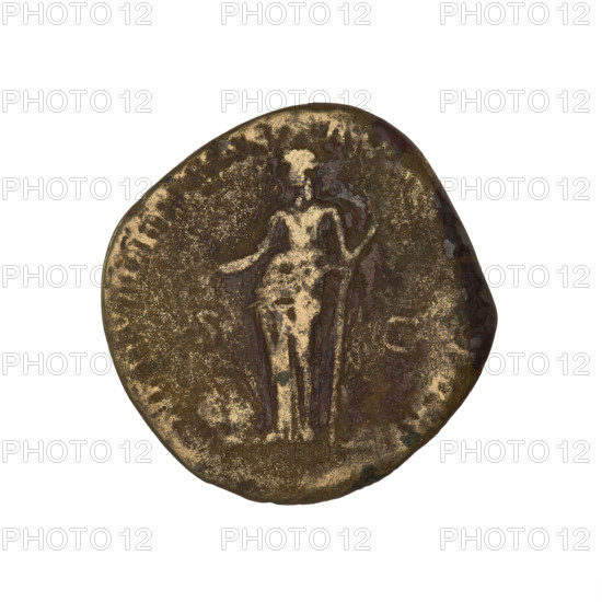 Dupondius of Trajan (reign 98–117). Obverse: bust of Trajan, laureate and draped, facing right; beaded border; rim inscription illegible. Reverse: Providentia standing facing left, right hand holding a baton above a globe, left hand resting on a column holding a long scepter; rim inscription illegible; letters 'SC' on both sides. Date: 116–117. Roman Empire; Rome. Coin; weight 8.42 g.