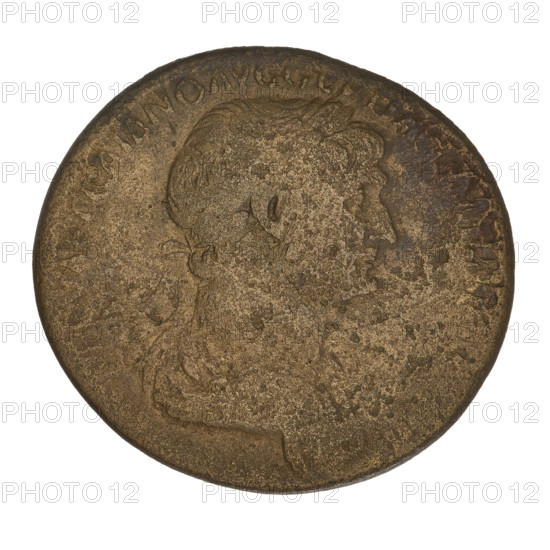 Sestertius of Trajan (53–117 CE; emperor 98–117). Obverse: laureate head of Trajan facing right; rim inscription illegible. Reverse: Felicitas standing left in a long robe, holding a caduceus downward in her right hand and a cornucopia in her left, with letters 'SC' on either side; rim inscription illegible. Roman Empire (27 BCE–476 CE), minted in Rome. Coin; weight 21.34 g.