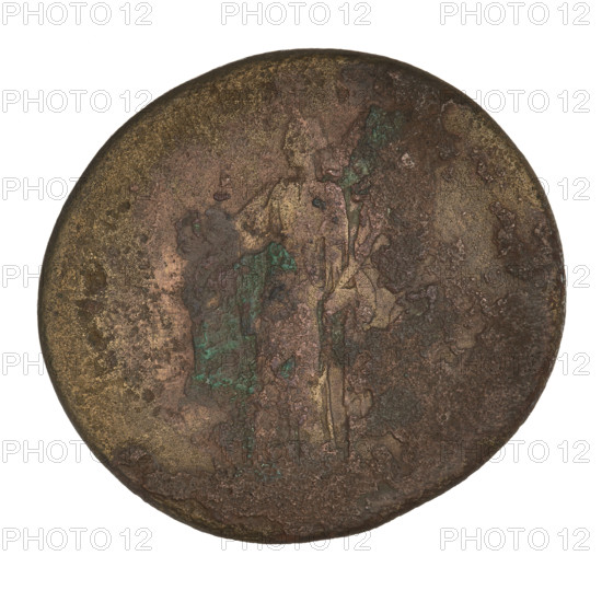 Sestertius of Trajan (53–117 CE; emperor 98–117). Obverse: head of Trajan wearing a laurel wreath, facing right; rim inscription illegible. Reverse: Felicitas (personification) standing left in a long robe, holding a caduceus downward in her right hand and a cornucopia in her left, with the letters S C on either side; rim inscription illegible. Roman Empire, Rome; coin; weight 21.34 g.