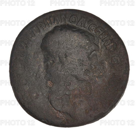 Sestertius of Trajan (53–117 CE; Roman emperor 98–117). Obverse: head of Trajan in laurel wreath facing right; rim inscription 'TRAIANO AVG GER DAC'. Reverse: seated female figure facing left, probably holding a cornucopia in her left hand, representing Pax or Fortuna; rim inscription illegible. Date: 98–117 CE. Roman Empire (27 BCE–476 CE), Rome. Coin; weight 23.17 g.
