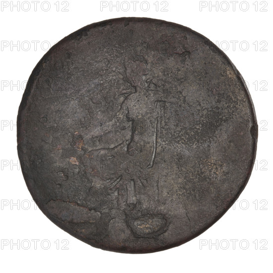 sestertius, Trajan (53–117; Roman emperor 98–117); obverse: head of Trajan in laurel wreath facing right; rim inscription: TRAIANO AVG GER DAC; reverse: seated female figure facing left, probably holding a cornucopia in her left hand, representing Pax or Fortuna; rim inscription illegible; 98–117; Roman Empire (27 BC–476); Rome; coin; weight 23.17 g