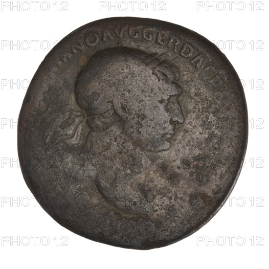 sestertius, Trajan (53–117; Roman emperor 98–117); Obverse: head of Trajan in laurel wreath facing right; rim inscription 'TRAIANO AVG GER DAC'; Reverse: female figure standing left; rim inscription illegible; dated 98–117; Roman Empire; Rome; coin; weight 25.29 g