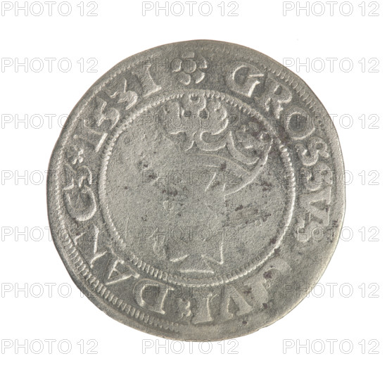 Gdansk grosz, Sigismund I the Old (King of Poland; 1506–1548). Polish coin, Jagiellon dynasty. Obverse: Crowned male bust in profile turned to the right; in the rim between pearl-shaped borders an inscription: .SIGIS.I.REX.PO.DO.TOCI. Reverse: Coat of arms of Gdansk; in the rim between pearl-shaped borders an inscription: .GROSSVS.CIVI.DANCZ.1531. 1531. Poland, Gdansk.