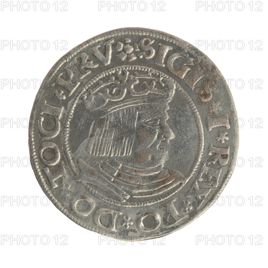 Gdansk grosz, Sigismund I the Old (King of Poland; 1506–1548). Polish coin, Jagiellon dynasty. Obverse: Crowned male royal bust in profile facing right; in the rim between pearl-shaped borders an inscription: .SIGIS.I.REX.PO.DO.TOCI.PRV. Reverse: Coat of arms of Gdansk; in the rim between pearl-shaped borders an inscription: .GROSSVS.CIVI.DANCZ.1531. Dated 1531. Gdansk, Poland.
