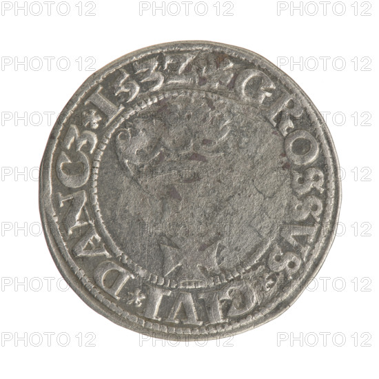 Gdansk grosz, Sigismund I the Old (King of Poland; 1506–1548). Silver coin (grosz), 1532. Obverse: Crowned male bust in profile turned to the right; rim between pearl-shaped borders with inscription '.SIGIS.I.REX.PO.DO.TOCI.PR'. Reverse: Coat of arms of Gdansk; rim between pearl-shaped borders with inscription '.GROSSVS.CIVI.DANCZ.153Z'. Polish, Gdansk.