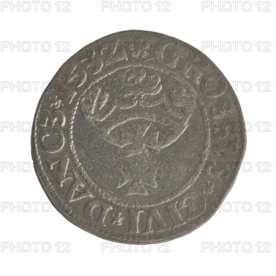 Gdansk grosz, Sigismund I the Old (King of Poland; 1506–1548). Silver coin (grosz), 1532. Obverse: Crowned male bust of the king in profile facing right; rim with pearl-shaped borders and inscription '.SIGIS.I.REX.PO.DO.TOCI.PR'. Reverse: Coat of arms of Gdansk; rim with pearl-shaped borders and inscription '.GROSSVS.CIVI.DANCZ.153Z'. Poland, Gdansk.