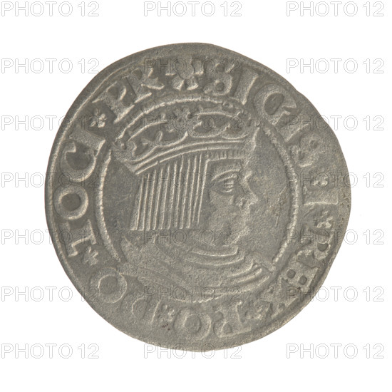 Gdansk grosz, Sigismund I the Old (King of Poland; 1506–1548). Polish coin, Jagiellonian dynasty. Obverse: Crowned male bust of Sigismund I in profile facing right; rim between pearl-shaped borders with inscription '.SIGIS.I.REX.PO.DO.TOCI.PR'. Reverse: Coat of arms of Gdansk; rim between pearl-shaped borders with inscription '.GROSSVS.CIVI.DANCZ.153Z'. Dated 1532. Gdansk, Poland.