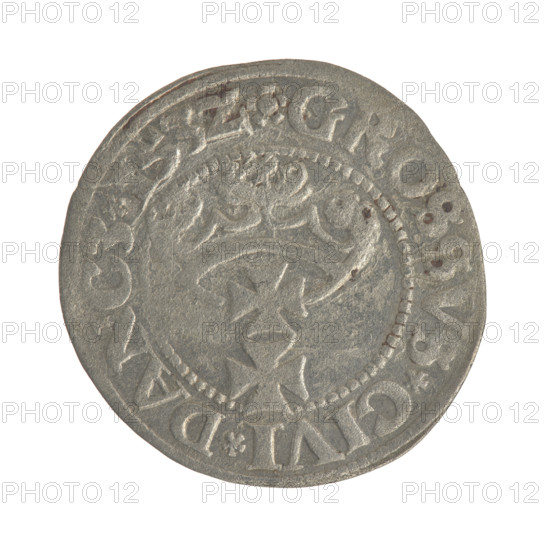 Gdansk grosz, Sigismund I the Old (King of Poland; 1506–1548). Obverse: Crowned male bust in profile turned to the right; in the rim between pearl-shaped borders an inscription: .SIGIS.I.REX.PO.DO.TOCI.PR. Reverse: Coat of arms of Gdansk; in the rim between pearl-shaped borders an inscription: .GROSSVS.CIVI.DANCZ.153Z. Dated 1532. Coin; Polish, Gdansk.