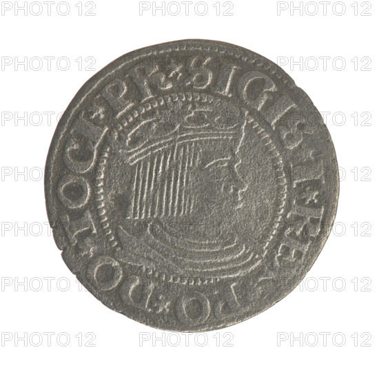Gdansk grosz, Sigismund I the Old (King of Poland; 1506–1548). Obverse: Crowned male bust in profile turned to the right; in the rim between pearly borders an inscription: .SIGIS.I.RE, .PO.DO.TOCI.PR. Reverse: Coat of arms of Gdansk; in the rim between the pearl borders the inscription: .GROSSVS.CIVI.DANCZ.153Z. Date: 1532. Medium: coin. Place: Gdansk, Poland. Subjects: Polish coins, Jagiellonians dynasty, royal/male bust, city coat of arms.
