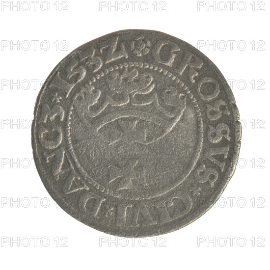 Gdansk grosz, Sigismund I the Old (King of Poland; 1467–1548), Jagiellonians (dynasty), Polish coin, 1532. Obverse: Crowned male bust in profile turned to the right; in the rim between pearly borders an inscription: .SIGIS.I.RE.PO.DO.TOCI.PR. Reverse: Coat of arms of Gdansk; in the rim between the pearly borders the inscription: .GROSSVS.CIVI.DANCZ.153Z. Poland, Gdansk, coin.
