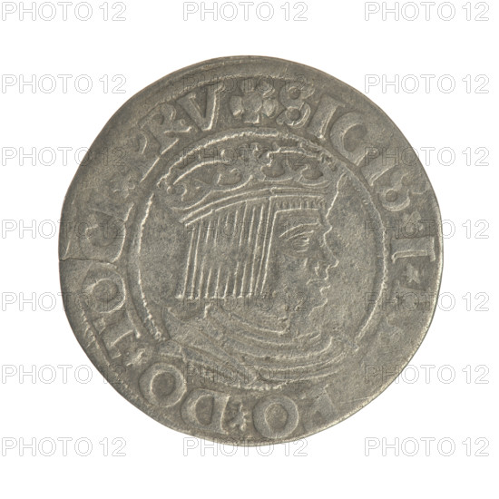 Gdansk grosz, Sigismund I the Old (King of Poland; 1506–1548). Obverse: Crowned male bust in profile turned to the right; in the rim between pearl-shaped borders an inscription: .SIGIS.I., PO.DO.TOCI.PRV. Reverse: Coat of arms of Gdansk; in the rim between pearl-shaped borders an inscription: .GROSSVS, VI.DANCZ.153Z. Date: 1532. Poland, Gdansk. Subjects: Polish coin, Jagiellon dynasty, royal male bust, city coat of arms.