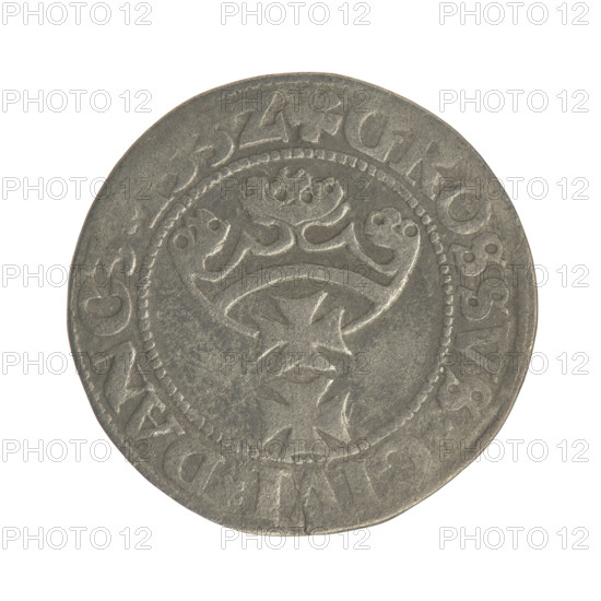 Gdansk grosz, Sigismund I the Old (King of Poland; 1506–1548). Silver coin (grosz). Obverse: Crowned male bust in profile turned right; rim between pearl-shaped borders with inscription '.SIGIS.I., PO.DO.TOCI.PRV'. Reverse: Coat of arms of Gdansk; rim between pearl-shaped borders with inscription '.GROSSVS, VI.DANCZ.153Z'. Dated 1532. Poland, Gdansk.