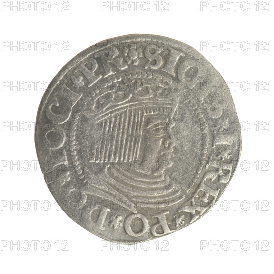 Gdansk grosz, Sigismund I the Old (King of Poland; 1506–1548). Silver coin, 1532. Obverse: Crowned royal bust of Sigismund I in profile facing right; rim inscription between pearl-shaped borders: .SIG, .I.REX.PO.D, .OCI.PR. Reverse: Coat of arms of Gdansk; rim inscription between pearl-shaped borders: .OSSVS.CIVI.DANCZ.153Z. Poland, Gdansk.