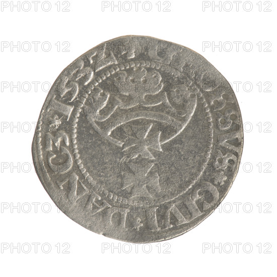 Gdansk grosz, Sigismund I the Old (King of Poland; 1506–1548). Polish coin, Jagiellon dynasty. Obverse: Crowned male/royal bust in profile turned right; rim between pearl-shaped borders with inscription: .SIG, .I.REX.PO.D, .OCI.PR. Reverse: Coat of arms of Gdansk; rim between pearl-shaped borders with inscription: ., OSSVS.CIVI.DANCZ.153Z. Date: 1532. Place: Gdansk, Poland.