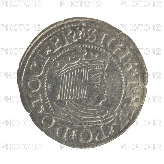 Gdansk grosz, Sigismund I the Old (King of Poland; 1506–1548). Obv.: Crowned male bust in profile turned to the right, in the rim between pearly borders an inscription: .SIGIS.I.REX.PO.DO.TOCI.PR. Rev.: Coat of arms of Gdansk, in the rim between pearly borders pearl inscription: .GROSSVS.CIVI.DANCZ.153Z. Date: 1532. Poland, Gdansk.