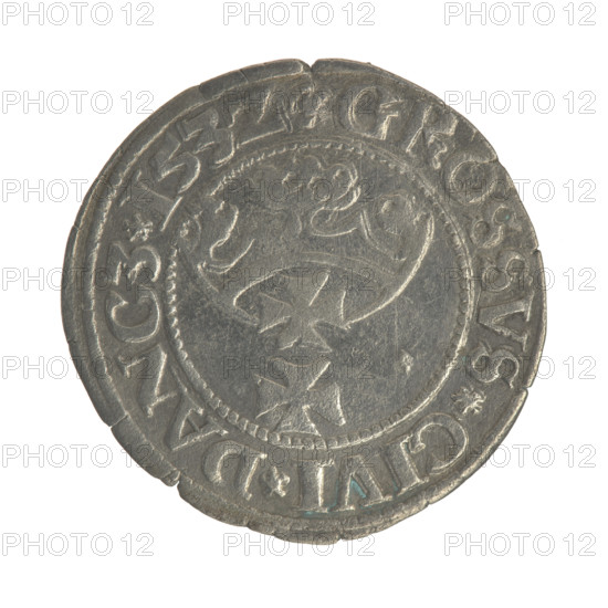 Gdansk grosz, Sigismund I the Old (King of Poland; 1506–1548). Obv.: Crowned male bust in profile turned to the right; in the rim between pearly borders an inscription: .SIGIS.I.REX.PO.DO.TOCI.PR. Rev.: Coat of arms of Gdansk; in the rim between pearly borders pearl inscription: .GROSSVS.CIVI.DANCZ.153Z. Date: 1532. Material: coin. Place: Gdansk, Poland. Subject: royal bust, city coat of arms; dynasty: Jagiellonians.