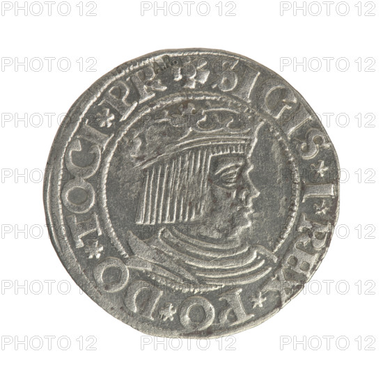 Gdansk grosz, Sigismund I the Old (King of Poland; 1506–1548). Silver coin (grosz), 1532. Obverse: Crowned male royal bust in profile turned to the right; in the rim between pearl-shaped borders an inscription: .SIGIS.I.REX.PO.DO.TOCI.PR. Reverse: Coat of arms of Gdansk; in the rim between pearl-shaped borders an inscription: .GROSSVS.CIVI.DANCZ.153Z. Iconography: royal busts, city coats of arms. Poland, Gdansk.