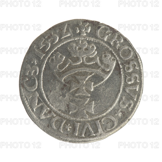 Gdansk grosz, Sigismund I the Old (King of Poland; 1506–1548). Polish coin, Jagiellon dynasty. Obverse: Crowned male bust in profile turned to the right; in the rim between pearl-shaped borders an inscription: .SIGIS.I.REX.PO.DO.TOCI.PR. Reverse: Coat of arms of Gdansk; in the rim between pearl-shaped borders an inscription: .GROSSVS.CIVI.DANCZ.153Z. Dated 1532. Poland, Gdansk.