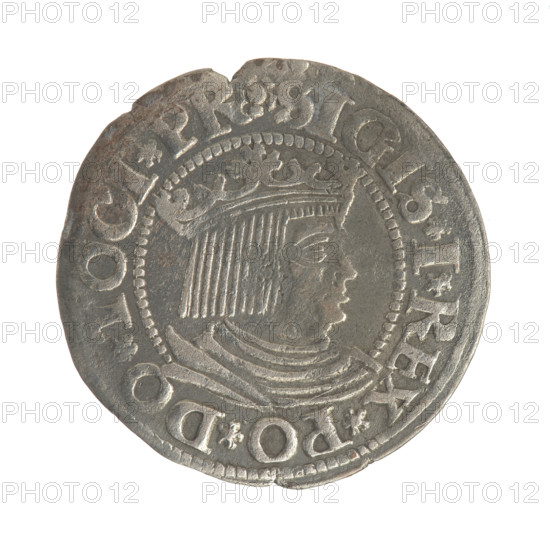 Gdansk grosz, Sigismund I the Old (King of Poland; 1506–1548). Silver coin (grosz). Obverse: Crowned male bust in profile turned to the right; in the rim between pearl-shaped borders an inscription: .SIGIS.I.REX.PO.DO.TOCI.PR. Reverse: Coat of arms of Gdansk; in the rim between pearl-shaped borders an inscription: .GROSSVS.CIVI.DANCZ.153Z. Dated 1532. Poland, Gdansk.