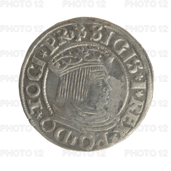 Gdansk grosz, Sigismund I the Old (King of Poland; 1506–1548). Polish coin, Jagiellon dynasty. Obverse: Crowned male bust in profile turned to the right; rim between pearl-shaped borders with inscription: .SIGIS.I.REX.PO.DO.TOCI.PR. Reverse: Coat of arms of Gdansk; rim between pearl-shaped borders with inscription: .GROSSVS.CIVI.DANCZ.153Z. Date: 1532. Place: Poland, Gdansk.