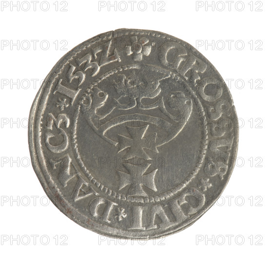 Gdansk grosz, Sigismund I the Old (King of Poland; 1506–1548). Silver coin (grosz), 1532. Obverse: Crowned male bust of the king in profile facing right; rim between pearl-shaped borders with inscription '.SIGIS.I.REX.PO.DO.TOCI.PR'. Reverse: Coat of arms of Gdansk; rim between pearl-shaped borders with inscription '.GROSSVS.CIVI.DANCZ.153Z'. Poland, Gdansk.