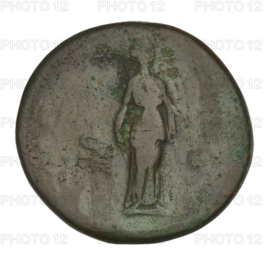 Sestertius, Hadrian (76–138; Roman emperor 117–138). Obverse: Bust of Hadrian with a laurel wreath facing right; rim inscription HADRIAN. Reverse: Diana standing right, dressed in a long robe, holding an arrow in her right hand, her left hand resting on a bow; rim inscription missing; letters SC on both sides of the figure. 119–138 CE, Roman Empire. Coin; weight 27.92 g.