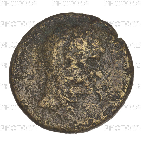 Sestertius, Hadrian (76–138; Roman emperor 117–138). Obverse: bust of Hadrian facing right in drapery; rim inscription obliterated. Reverse: Hercules naked, seated on a stone, right hand resting on a club, left hand resting on a stone; rim inscription obliterated. Circa 119–138. Roman Empire. Rome. Coin; weight 24.31 g.