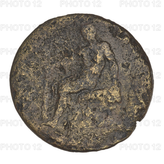 Sestertius of Hadrian (76–138; Roman emperor 117–138). Obverse: bust of Hadrian facing right in drapery; rim inscription obliterated. Reverse: Hercules naked, seated on a stone, right hand resting on a club, left hand resting on a stone; rim inscription obliterated. Circa 119–138. Roman Empire. Rome. Coin; weight 24.31 g.