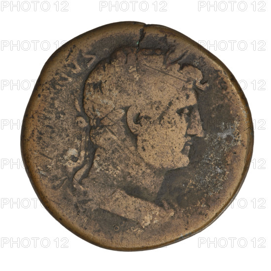 Sestertius of Hadrian (76–138; Roman emperor 117–138). Obverse: head of Hadrian in laurel wreath facing right; rim inscription. Reverse: Roma seated left on a cuirass, supported by a shield at the back, wearing a long robe and helmet, holding a figure of Victoria in her right outstretched hand and a cornucopia in her left; rim inscription; in field: SC. Date: 125–128. Roman Empire (27 BC–476). Rome. Coin; weight 25.97 g.
