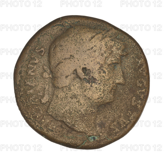 Sestertius, Hadrian (76–138; Roman emperor 117–138). Obverse: head of Hadrian with laurel wreath facing right; rim inscription HADRIANVSAVGVSTVS. Reverse: Roma seated left on armor and supported by a shield at the back, wearing a long robe and helmet, holding a figure of Victoria in her right outstretched hand and a cornucopia in her left; rim inscription COS; mint control letters SC in field. Dated 125–128. Roman Empire (27 BC–476). Coin, weight 23.45 g.